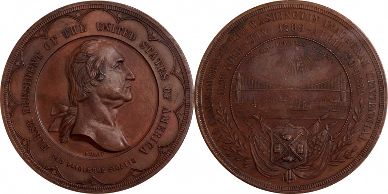 1889 Brooklyn Bridge Medal, with Sun. Musante GW-1087A, Douglas-7. Bronze. MS-65...