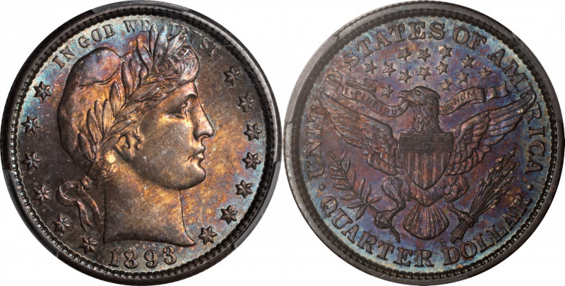 1893-S Barber Quarter. MS-66+ (PCGS).

A dazzling array of vivid multicolored ...