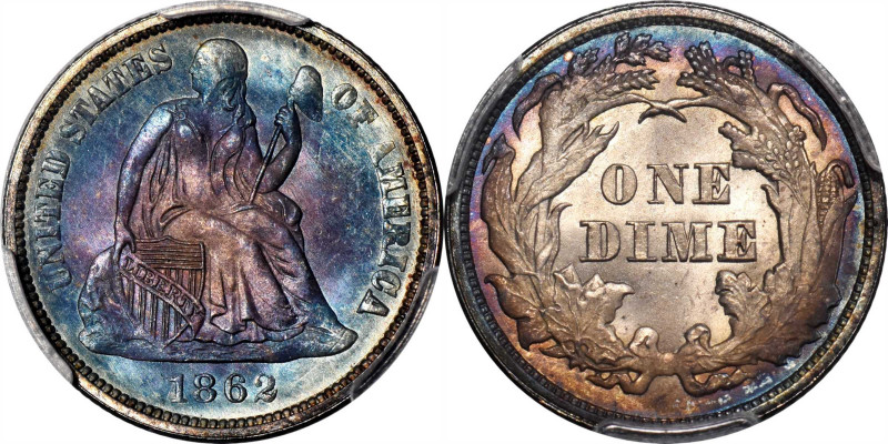 1862 Liberty Seated Dime. MS-67+ (PCGS).

Vividly toned and thoroughly appeali...