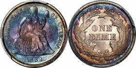 1862 Liberty Seated Dime. MS-67+ (PCGS).

Vividly toned and thoroughly appealing, the obverse is dressed in a target-like array of antique gold, cob...