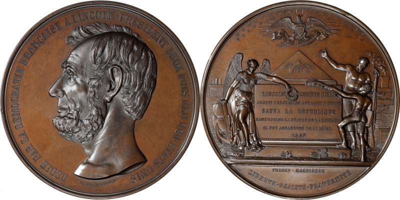 1865 French Tribute Medal to Abraham Lincoln. By F. Magniadas. Cunningham 9-010B...