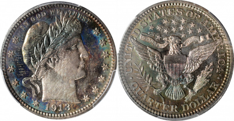 1913 Barber Quarter. Proof-66+ (PCGS).

Splashes of deep, vivid, multicolored ...