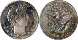 1913 Barber Quarter. Proof-66+ (PCGS).

Splashes of deep, vivid, multicolored toning leave an area of near-brilliance in the center of the obverse. ...