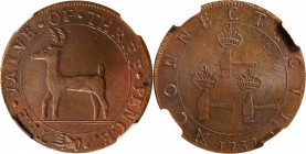 "1737" (1860s) Higley Copper. Bolen Copy. Musante JAB-10, Kenney-4, W-14270. THE VALVE OF THREE PENCE / CONNECTICVT, 3 Hammers. Copper. MS-66 BN (NGC)...