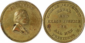 Undated (ca. 1867) Jefferson / Equal and Exact Justice for All Men Medal. By John Adams Bolen. Musante JAB-26. Brass. MS-62 (PCGS).

25.4 mm. 132.8 ...