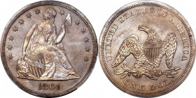 1864 Liberty Seated Silver Dollar. Proof-65 (PCGS).

This handsome and exceptionally well preserved Liberty Seated dollar features warm, even sandy-...