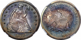 1870 Liberty Seated Silver Dollar. Proof-66 Cameo (NGC).

This gorgeous specimen is toned in a rich target-like array of olive-copper, deep rose, an...