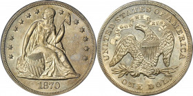 1870-CC Liberty Seated Silver Dollar. OC-1. Rarity-4-. MS-62 (PCGS). OGH.

Light gold and silver iridescence add to the appeal of this bright and fl...