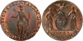 "1787" (ca. 1869) Standing Indian / Arms of New York Mule. By John Adams Bolen. Musante JAB M-11, Kenney-10, W-14510. Copper. MS-64 RB (PCGS).

26.6...