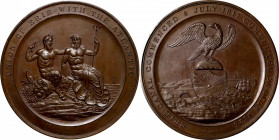 1825 Erie Canal Completion Medal. By Edward Thomason of Birmingham, England. Copper. Choice Mint State.

81.5 mm. Obv: Forest god Pan seated with se...
