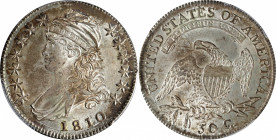 1810 Capped Bust Half Dollar. O-101a. Rarity-1. MS-63 (PCGS). CAC.

A base of antique-silver patina is enhanced by mottled olive and russet overtone...