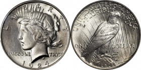 1924 Peace Silver Dollar. MS-67+ (PCGS). CAC.

This intensely lustrous, richly frosted example possesses outstanding quality and surface preservatio...