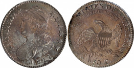 1811 Capped Bust Half Dollar. O-109. Rarity-3. Small 8. MS-62 (PCGS).

Rich mauve-gray, powder blue and pale gold patina is evenly distributed over ...