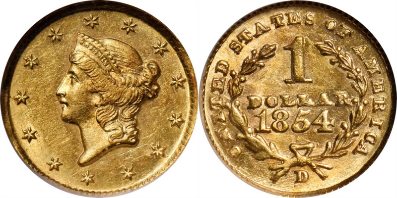 1854-D Gold Dollar. Winter 6-H, the only known dies. MS-61 (NGC).

Offered is ...
