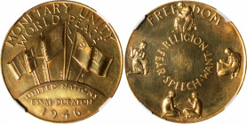 1946 United Nations Monetary Pattern. HK-873, Bruce-X#1b. Rarity-6. Gold. MS-61 (NGC).

37 mm. 31.79 grams, .900 fine, 28.61 grams AGW. Bright satin...
