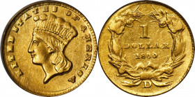 1860-D Gold Dollar. Winter 12-P, the only known dies. AU-53 (PCGS). OGH.

Remarkably, this is the first of two About Uncirculated 1860-D gold dollar...