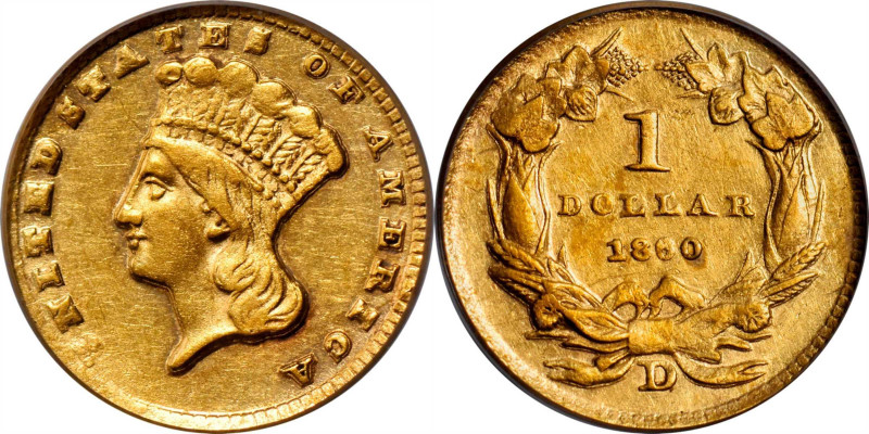 1860-D Gold Dollar. Winter 12-P, the only known dies. AU-53 (PCGS).

This 1860...