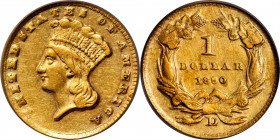 1860-D Gold Dollar. Winter 12-P, the only known dies. AU-53 (PCGS).

This 1860-D gold dollar offers exceptional surface quality for this elusive and...