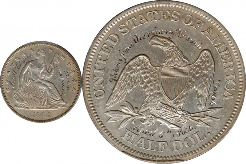 1864 Boston Masonic Lodge Half Dollar. Rulau Ma-Bo 55, Brunk-26400, page 221. In...