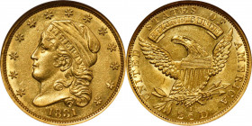 1831 Capped Head Left Quarter Eagle. BD-1, the only known dies. Rarity-4. AU-58 (NGC).

Deep olive-orange color with pleasing reddish-pink highlight...