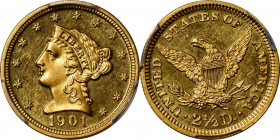 1901 Liberty Head Quarter Eagle. JD-1, the only known dies. Rarity-4-. Proof-64 Cameo (PCGS).

A dusting of pale silver-olive iridescence accents th...