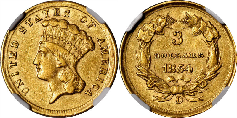 1854-D Three-Dollar Gold Piece. Winter 1-A, the only known dies. AU-55 (NGC).
...