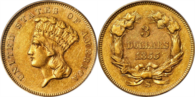 1855-S Three-Dollar Gold Piece. AU-55 (PCGS).

A lustrous specimen, clearly AU...