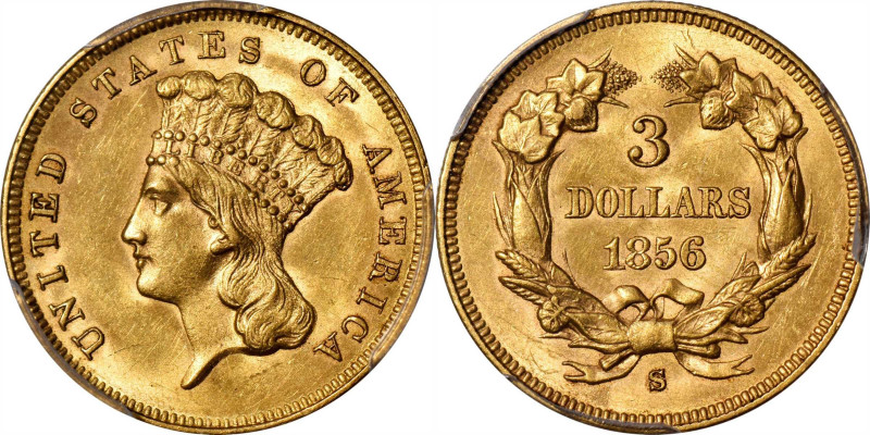 1856-S Three-Dollar Gold Piece. Small S. MS-62 (PCGS).

This highly significan...