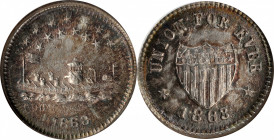 1863 Monitor / UNION FOR EVER. Fuld-240/341 fo. Rarity-8. Silver--Overstruck on an 1861 Liberty Seated Dime--MS-63 (ANACS). OH.

18 mm. A remarkable...