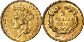 1856-S Three-Dollar Gold Piece. Medium S. AU-58 (PCGS). CAC.

This gorgeous coin is fully deserving of the coveted CAC sticker. It is a near-fully l...