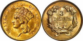 1857 Three-Dollar Gold Piece. MS-62 (PCGS). OGH.

The delightful surfaces of this 1857 three-dollar gold piece are intensely lustrous with a satin t...