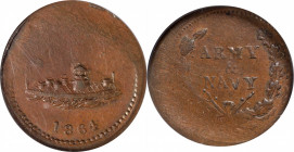 1864 Monitor / ARMY & NAVY. Fuld-241/296 a. Rarity-9. Copper. Plain Edge. MS-63 BN (NGC).

19 mm. Either a clogged die or misalignment of the dies h...