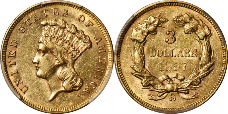 1857-S Three-Dollar Gold Piece. AU-55 (PCGS).

An exceptional example of an is...