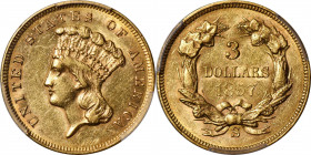 1857-S Three-Dollar Gold Piece. AU-55 (PCGS).

An exceptional example of an issue that, when offered at all, is apt to be well worn and/or impaired....