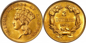 1860 Three-Dollar Gold Piece. MS-62 (PCGS).

Lustrous and vivid surfaces offer superior eye appeal for the assigned grade. The finish is predominant...