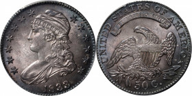 1833 Capped Bust Half Dollar. O-104. Rarity-1. MS-64 (PCGS).

Iridescent steel-blue and pale pink peripheral highlights frame otherwise pewter-gray ...