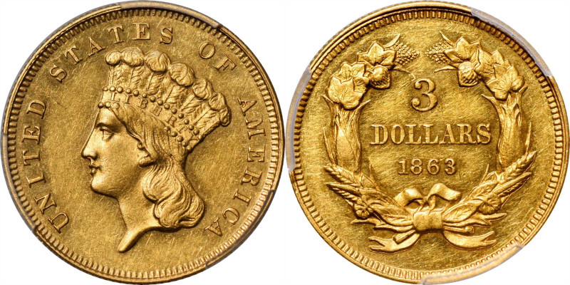 1863 Three-Dollar Gold Piece. JD-1, the only known dies. Rarity-6+. Proof-58 (PC...