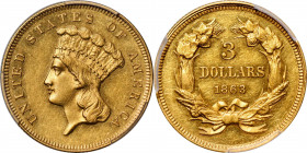 1863 Three-Dollar Gold Piece. JD-1, the only known dies. Rarity-6+. Proof-58 (PCGS). CAC.

The 1863 is a challenging three-dollar gold date to locat...