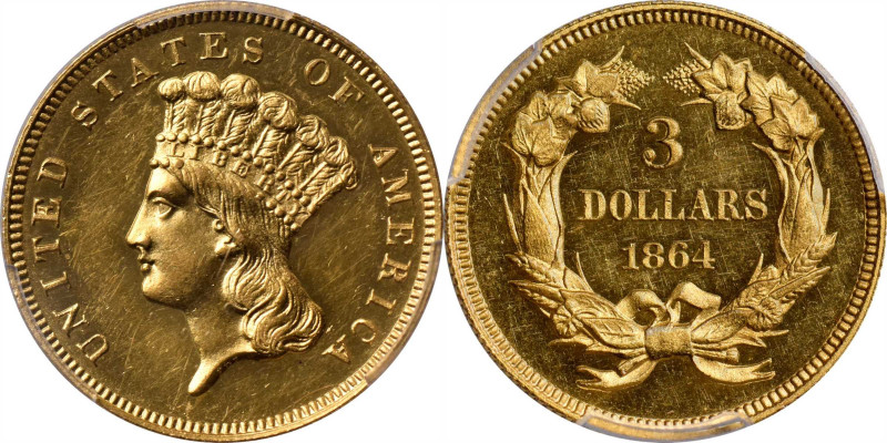 1864 Three-Dollar Gold Piece. JD-1, the only known dies. Rarity-6+. Proof-61 (PC...