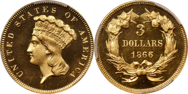 1866 Three-Dollar Gold Piece. JD-1. Rarity-7-. Proof-66 Deep Cameo (PCGS). CAC....