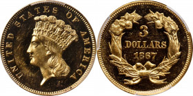1867 Three-Dollar Gold Piece. JD-1, the only known dies. Rarity-6+. Proof-62 Cameo (PCGS). CAC.

A boldly cameo Proof 1867 $3 gold piece with superi...