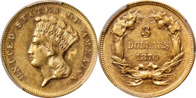 1870 Three-Dollar Gold Piece. AU-55 (PCGS).

Vivid honey-orange surfaces are enhanced by iridescent champagne-pink overtones, best appreciated with ...
