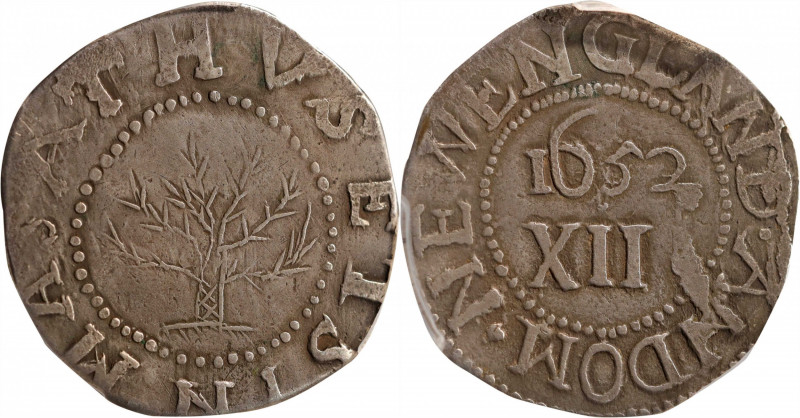 1652 Oak Tree Shilling. Noe-7, Salmon 5-D, W-480. Rarity-5. IN at Bottom. VF Det...