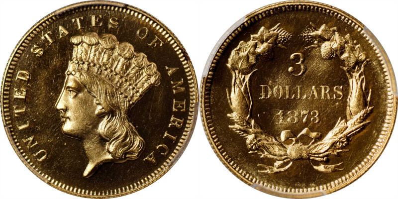 1873 Three-Dollar Gold Piece. JD-3. Rarity-7. Close 3, Dished. Proof-65 (PCGS)....