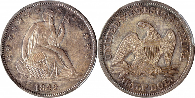 1842 Liberty Seated Half Dollar. WB-14. Rarity-3. Medium Date. Repunched Date, M...