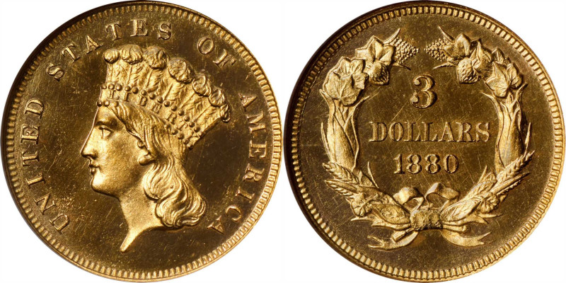 1880 Three-Dollar Gold Piece. JD-1, the only known dies. Rarity-6-. Proof-64 Cam...