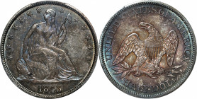 1843 Liberty Seated Half Dollar. WB-34. Rarity-3. Repunched Date. MS-64 (PCGS). CAC.

Delightful steel-blue, olive-gray and sandy-silver patina blan...
