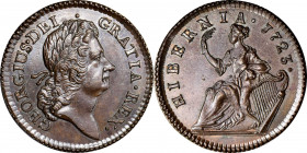 1723 Wood's Hibernia Halfpenny. Martin 4.76-Gd.2, W-13570. Rarity-5. SP-64 BN (PCGS).

A crisp early impression from these dies on a specially prepa...
