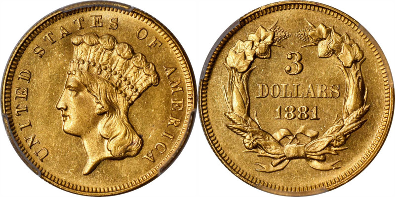 1881 Three-Dollar Gold Piece. MS-63 (PCGS).

This lovely example exhibits deli...