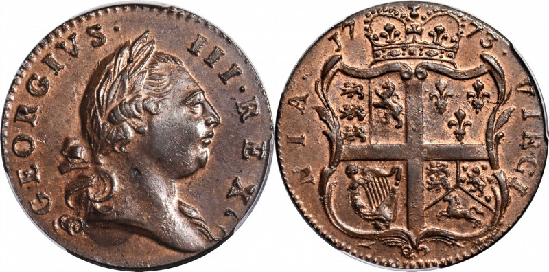 1773 Virginia Halfpenny. Newman 23-R, W-1565. Rarity-4. Period After GEORGIVS, 7...